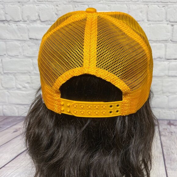 Vintage Trucker Hat Mesh Cap Snapback Yellow White Harvey WALLBANGER Print Logo - Picture 3 of 8